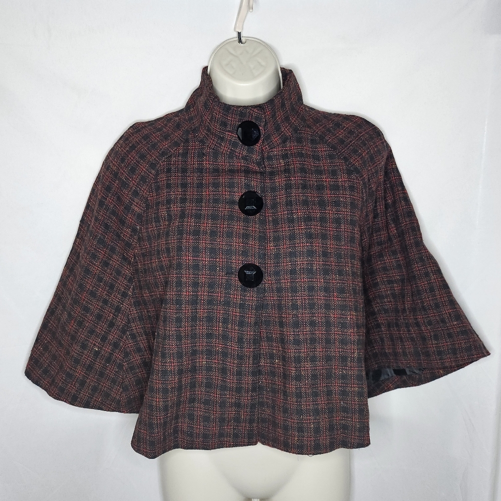 Womens Opening Act Plaid Tweed 3 Big Buttons Lined Cape Poncho Wool Blend Size S